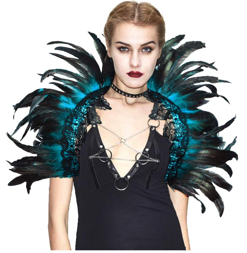 L'VOW Black Crow Feather Cape Shawl Stand Up Collar Halloween Devil Wings Witch Costume (Acid blue) - Image 1
